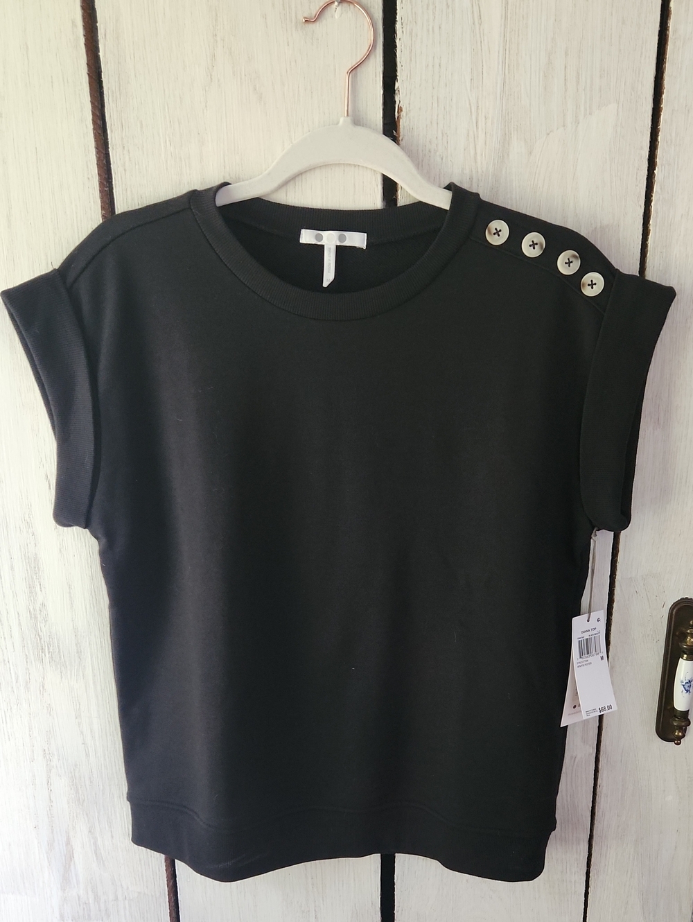 NWT Three Dots Black Short Sleeve Top With Button Detail Size Medium